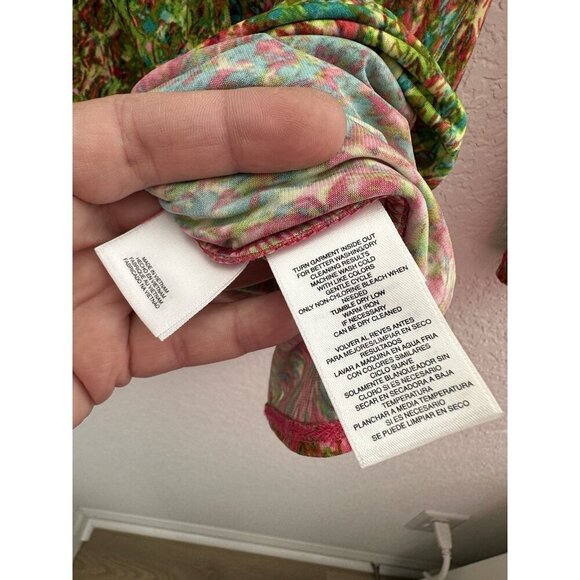 Anne Klein Womens Faux Wrap Blouse L Multicolor 3/4 Sleeve Abstract Peacock Work - Picture 6 of 15